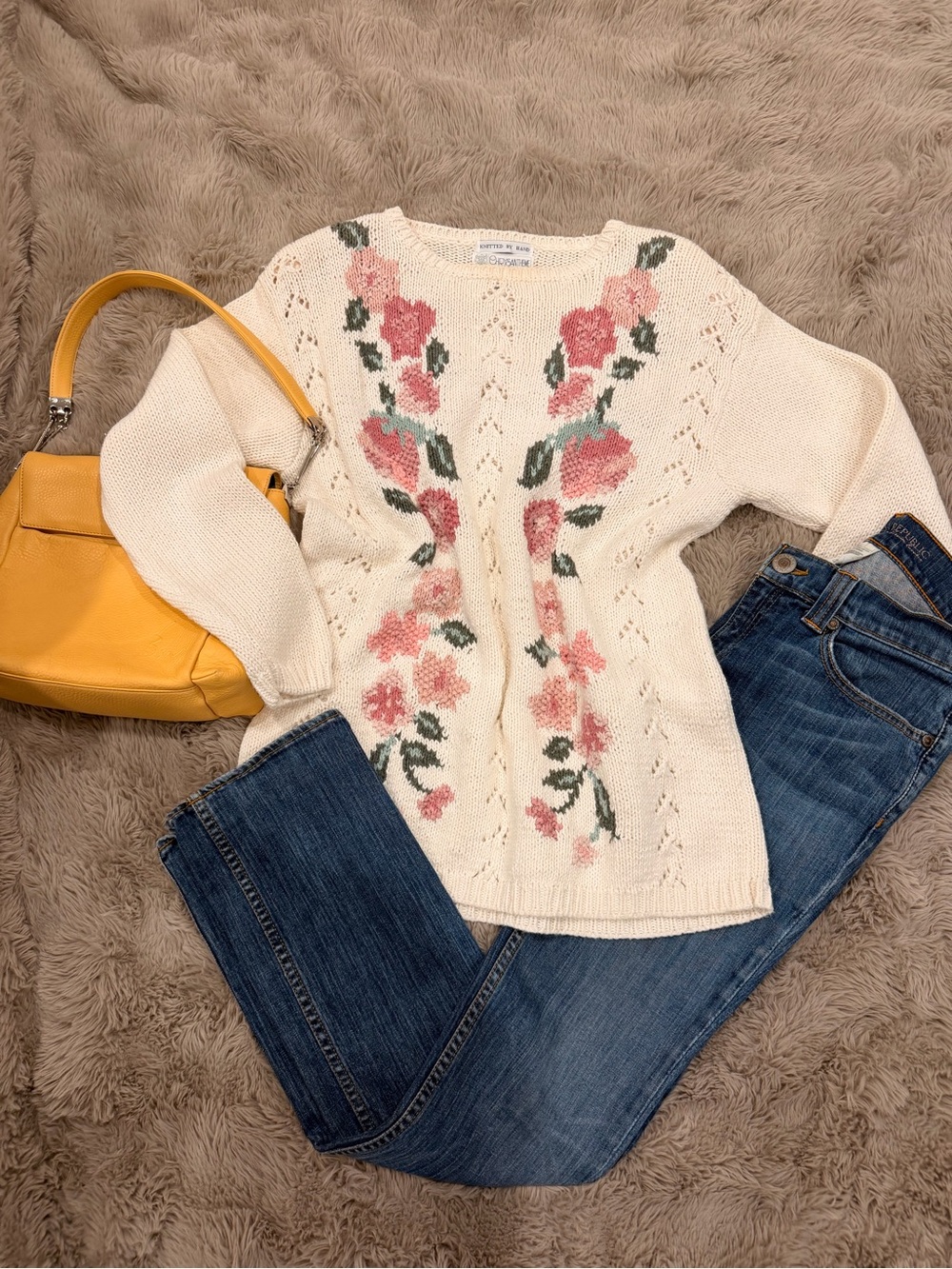 Vintage Chrysantheme Hand Knit Floral Grandma Sweater